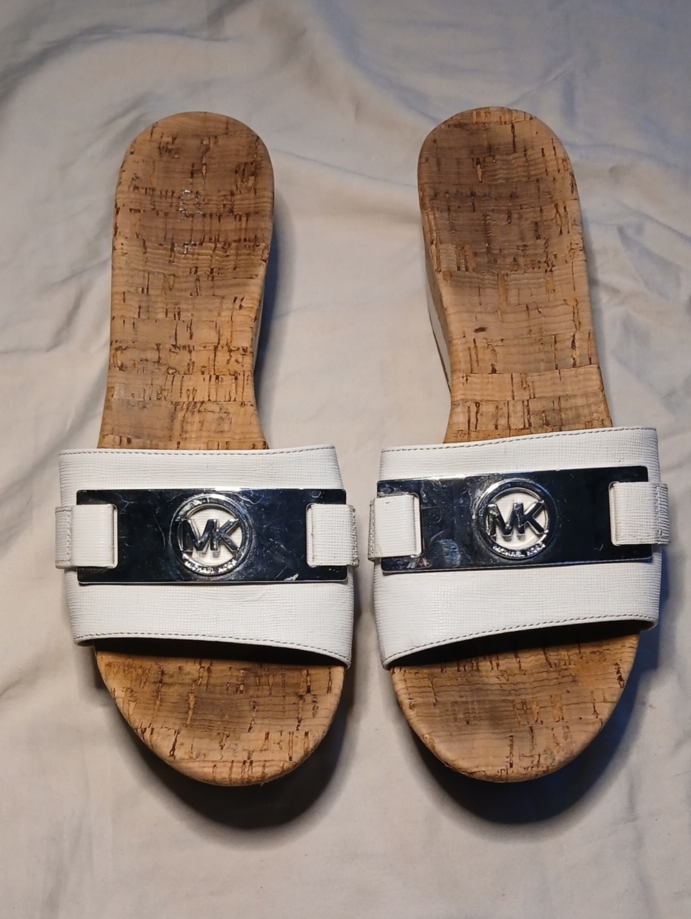 Michael Kors Warren Platform Cork Wedge Slide Sandal White & Brown